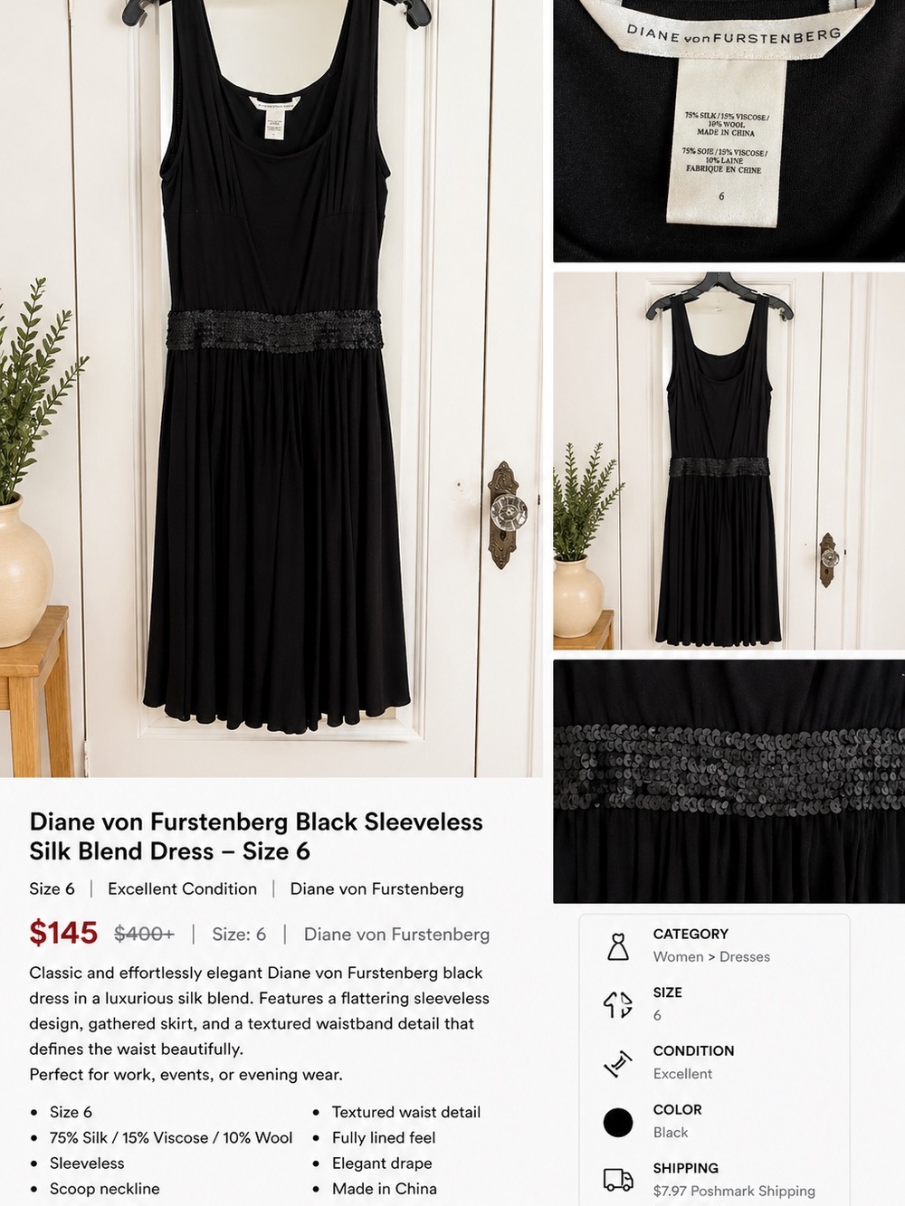 Diane von Furstenberg Black Sleeveless Gathered Waist Dress